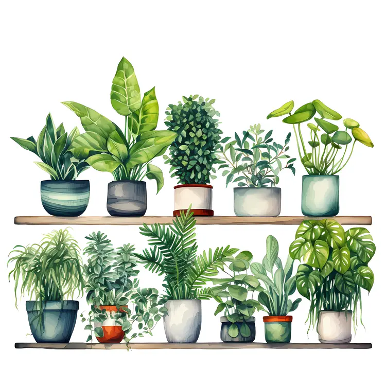 Assorted Potted Plants on Shelves