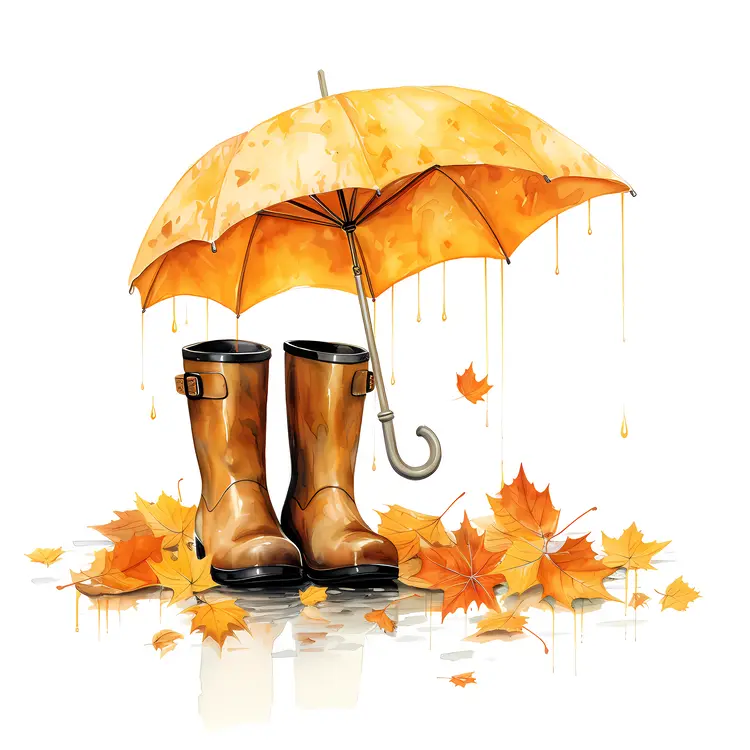 Brown Boots and Umbrella with Autumn Leaves