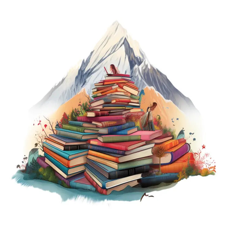 Mountain of Books with Scenic Background