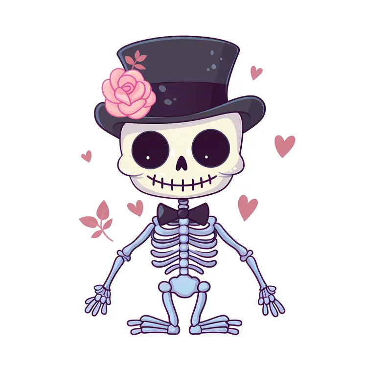 Cute Skeleton with Top Hat and Hearts