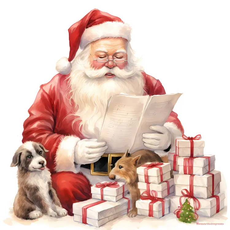 Santa Claus with Gifts and Puppies