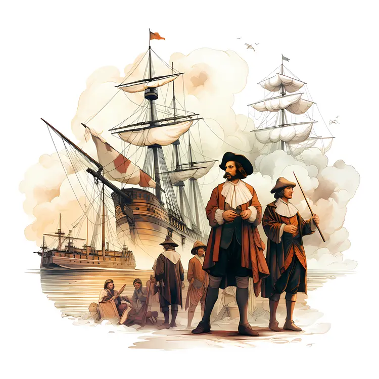 Explorers with Ships in Background