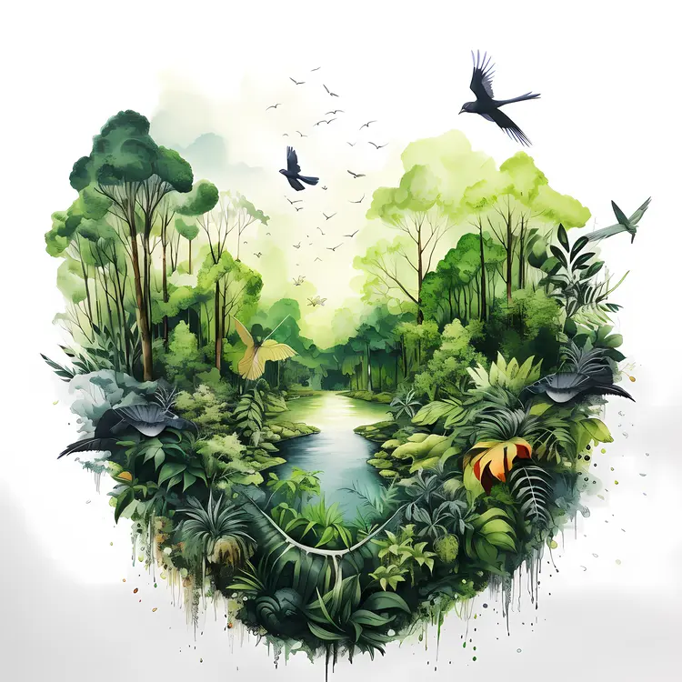 Heart-shaped Forest with River and Birds