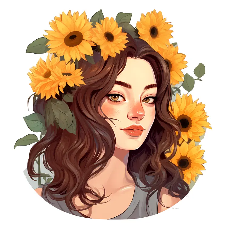 Beautiful Woman with Sunflowers in Hair
