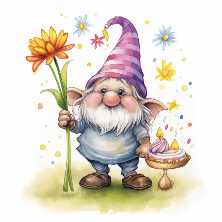 Cute Gnome with Flower and Birthday Cake