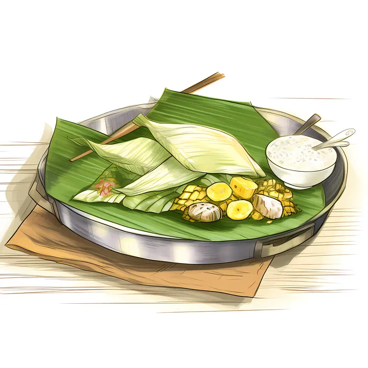 Traditional Meal on Banana Leaf with Rice and Side Dishes