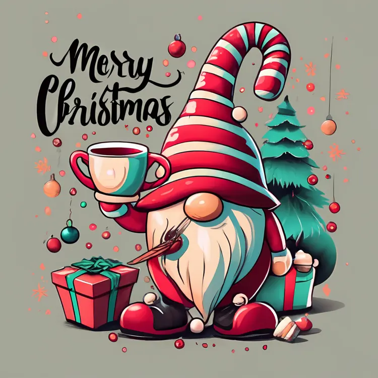 Christmas Gnome with Red Striped Hat and Tree