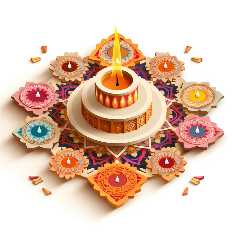 Single Decorative Candle with Rangoli for Diwali
