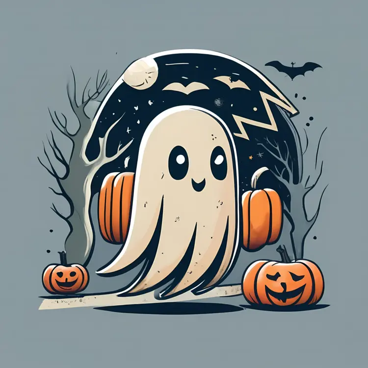 Happy Ghost with Pumpkins and Bats on Halloween Night
