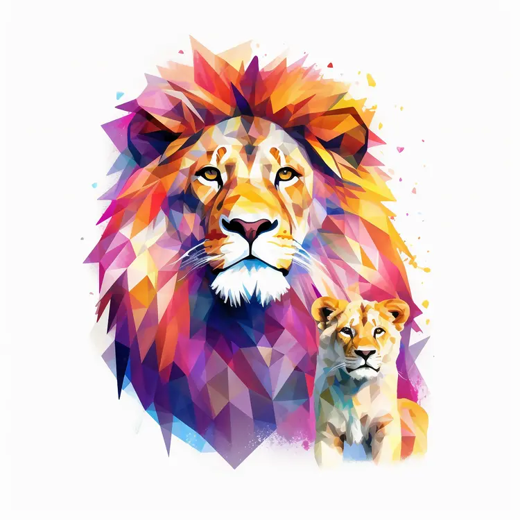 Colorful Geometric Lion and Cub Illustration