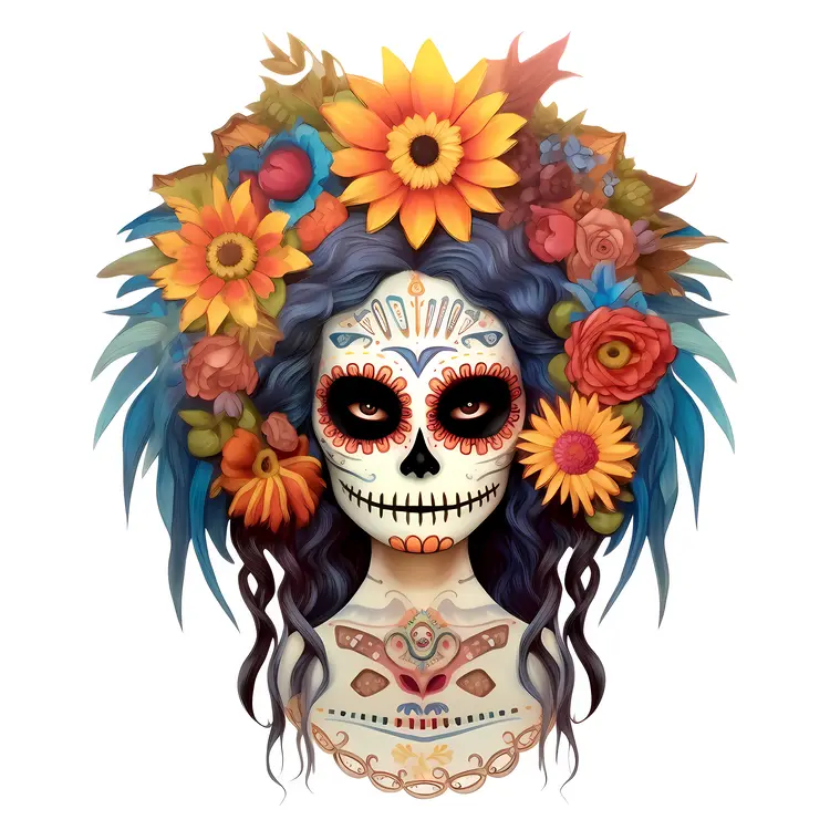 Colorful Sugar Skull with Floral Decorations for Day of the Dead