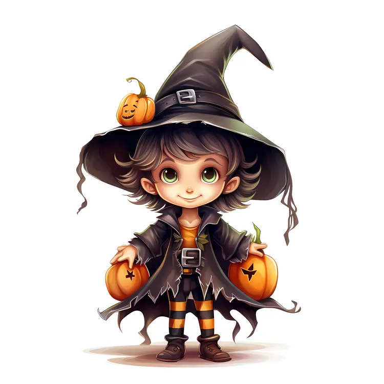 Adorable Witch with Pumpkins