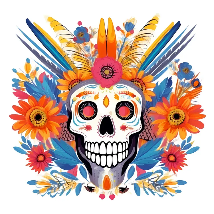 Colorful Skull with Flowers and Feathers for Day of the Dead