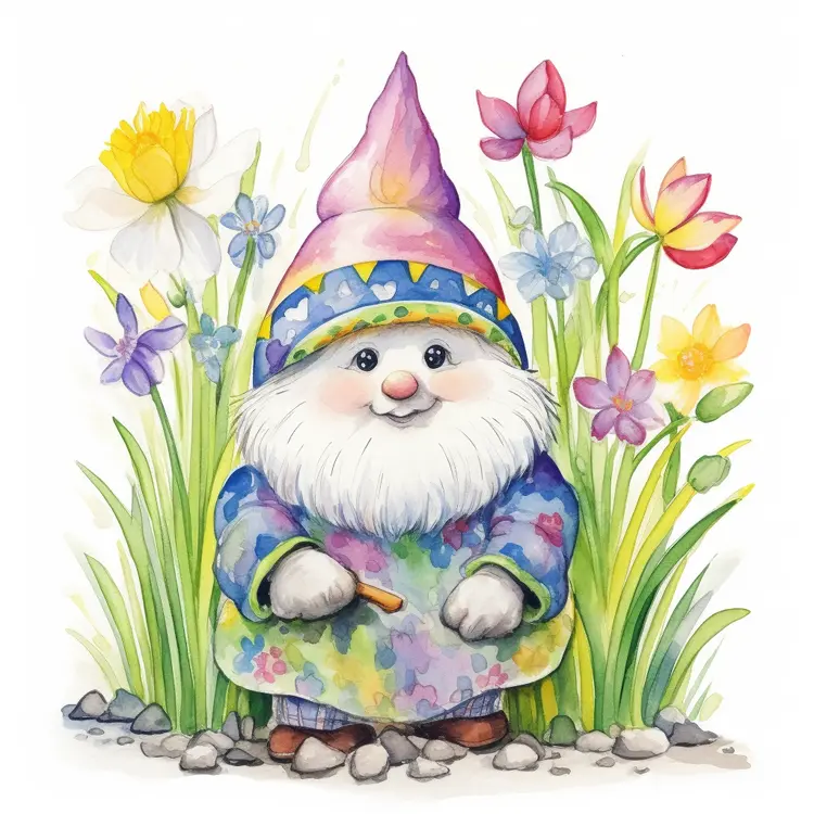 Cute Garden Gnome with Spring Flowers