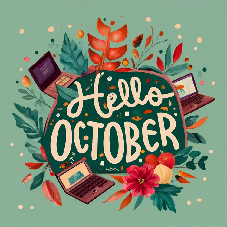Hello October Typography with Leaves and Laptops