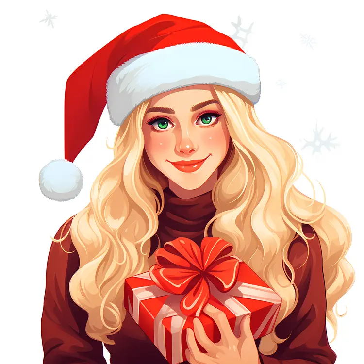 Blonde Girl with Gift Box in Santa Hat