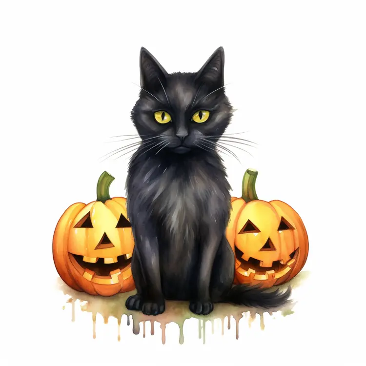 Black Cat with Halloween Pumpkins