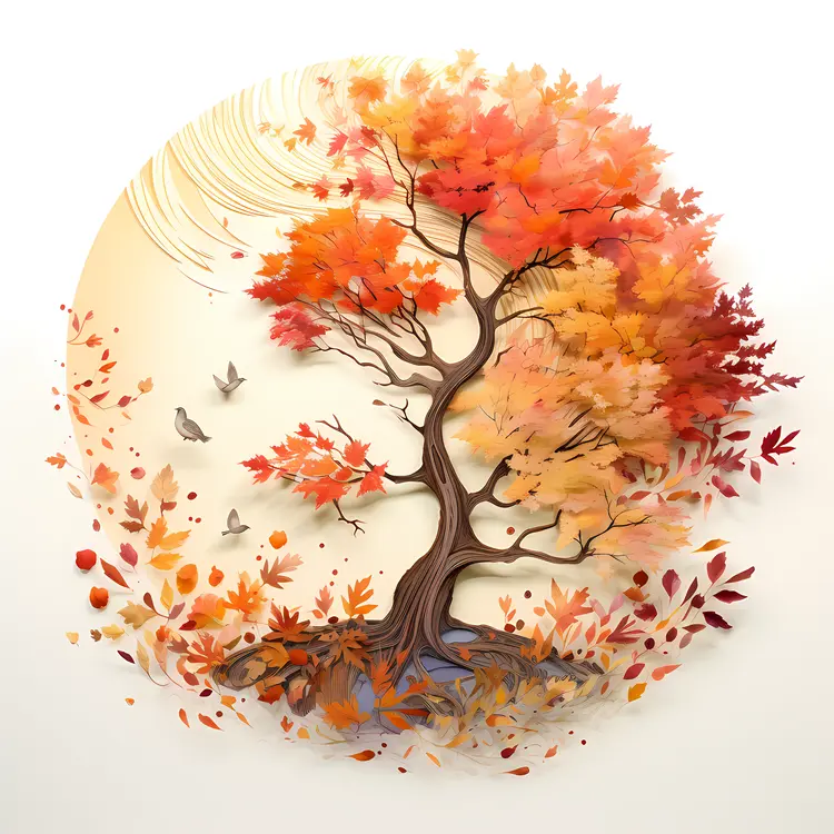 Red Tree with Birds in Autumn