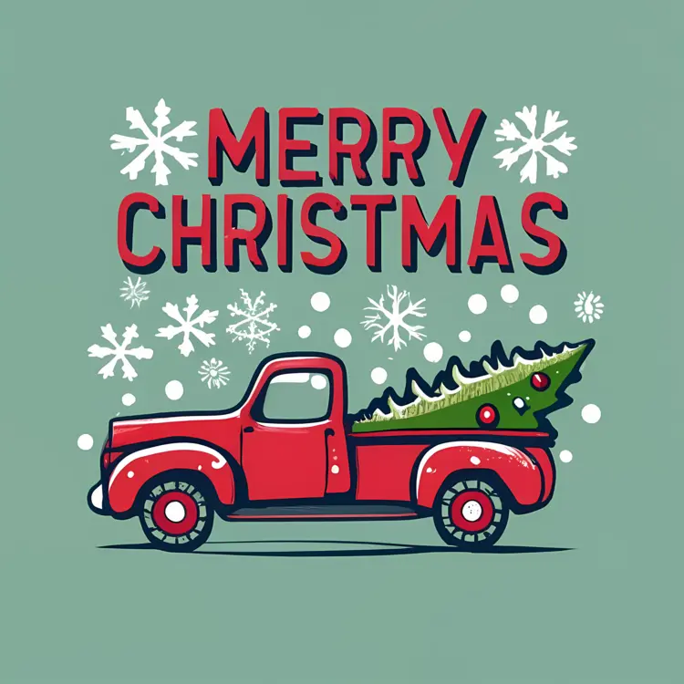 Red Truck with Christmas Tree and Snowflakes