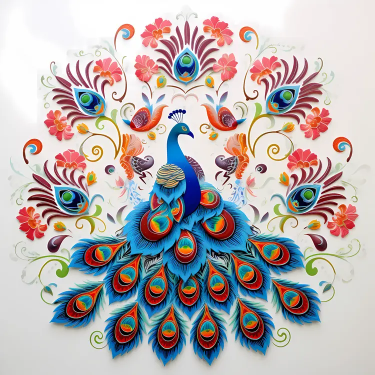 Colorful Peacock with Flowers