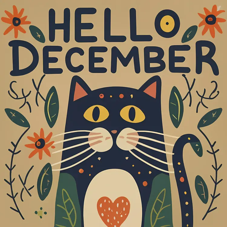 Hello December with Cute Cat and Flowers