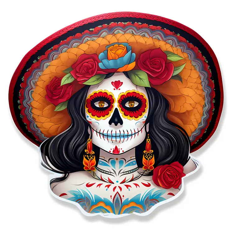 Colorful Sugar Skull with Hat and Flowers