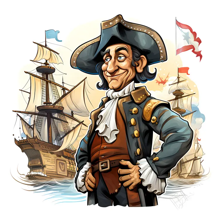 Cartoon Captain with Ships in Background