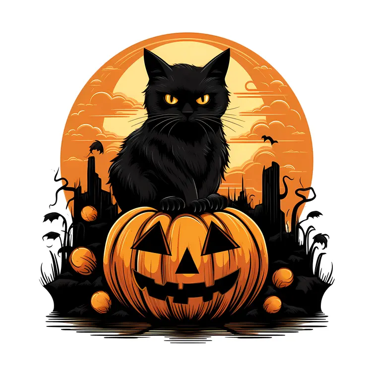Black Cat and Pumpkin Illustration for Halloween