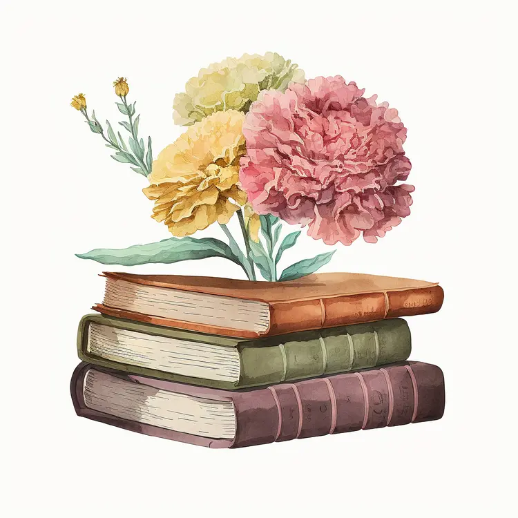 Vintage Books with Flowers Illustration