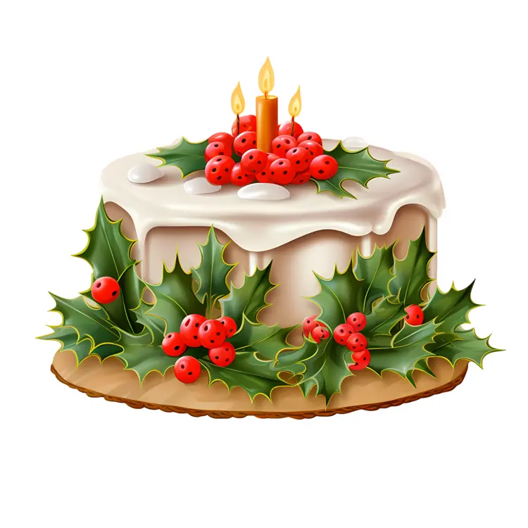 Christmas Cake with Holly Leaves and Red Berries