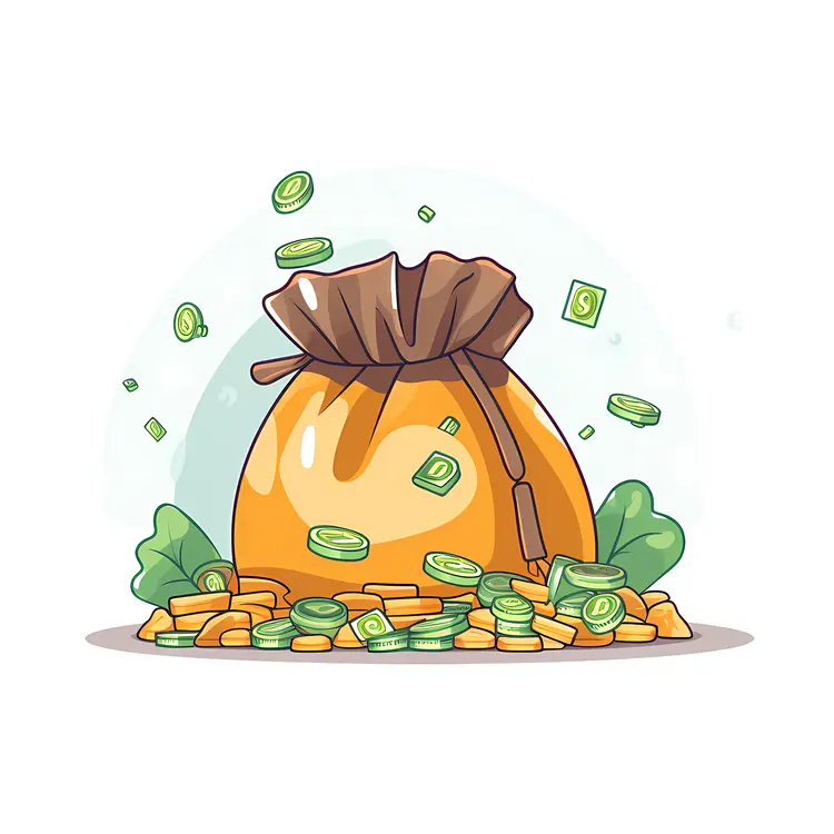 Yellow Money Bag with Coins and Cash