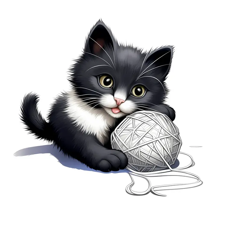 Adorable Black and White Kitten with Yarn Ball