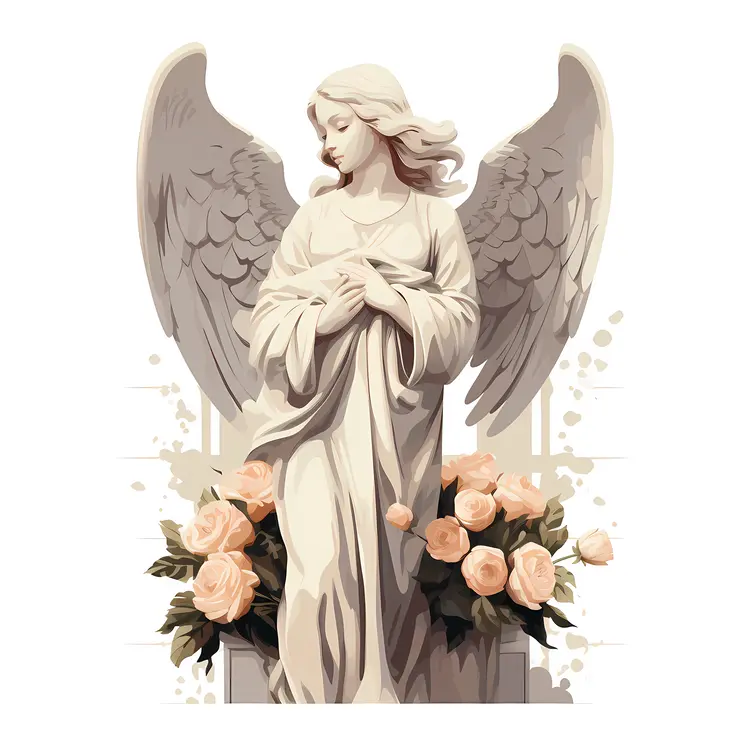 White Angel Statue with Flowers