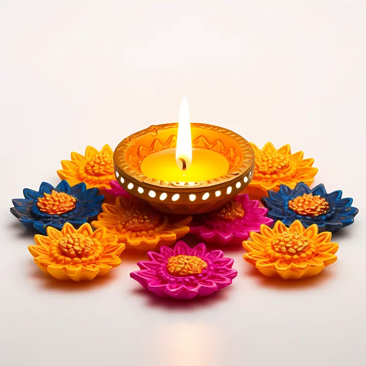 Diya Lamp with Colorful Flowers
