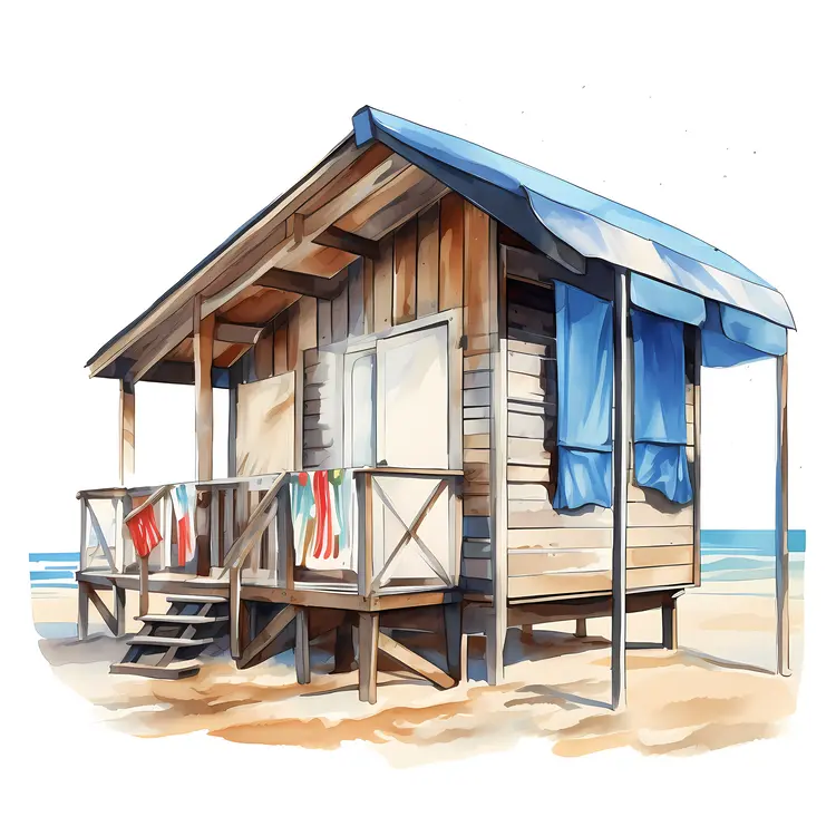 Wooden Beach House with Blue Awning