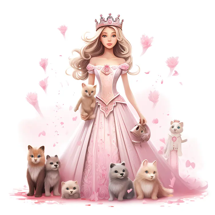 Princess in Pink Dress Surrounded by Cute Animals