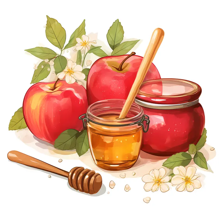 Honey and Apples with Flowers Illustration