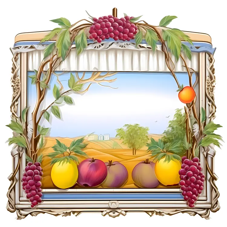 Decorative Frame with Fruits and Countryside Landscape