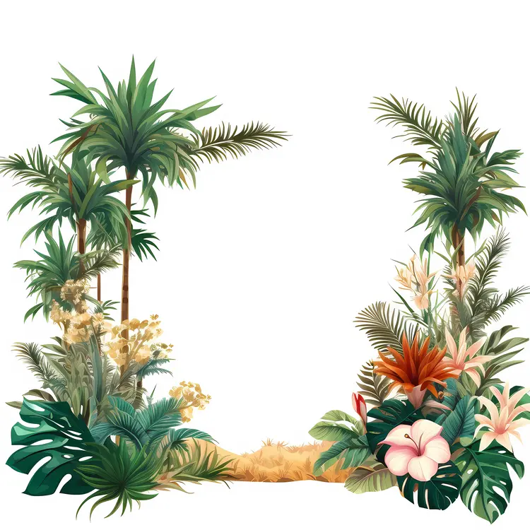 Tropical Frame with Flowers and Palm Trees