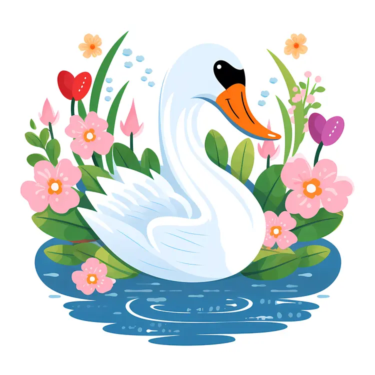 Elegant White Swan Surrounded by Flowers