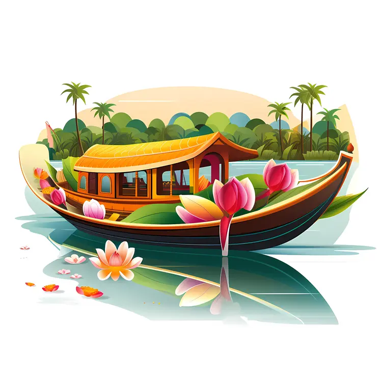 Houseboat with Lotus Flowers on Calm River