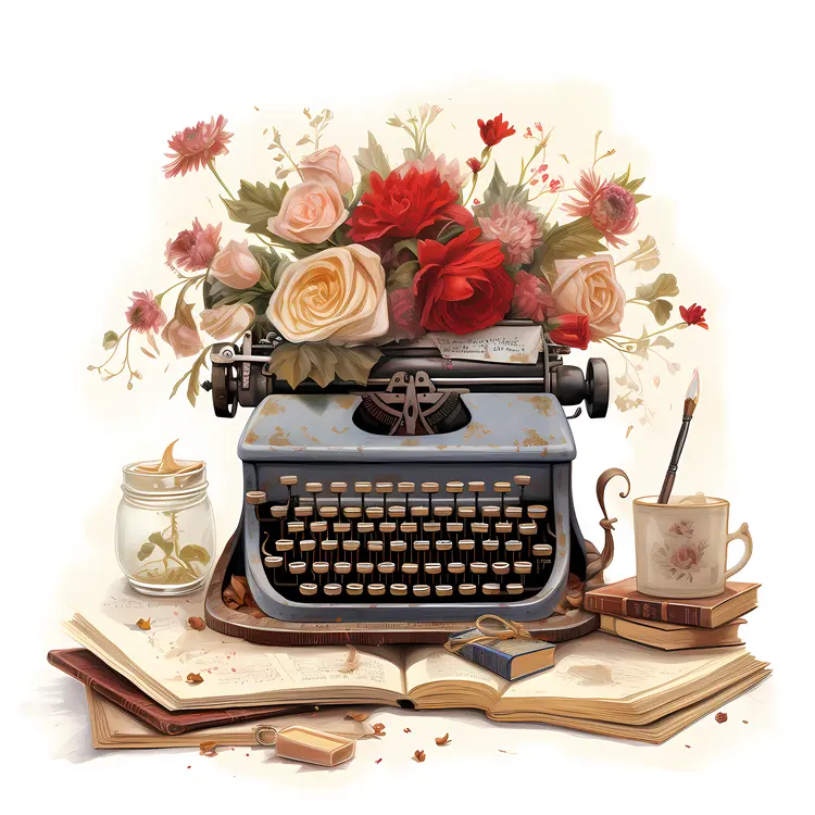 Vintage Typewriter with Roses and Books