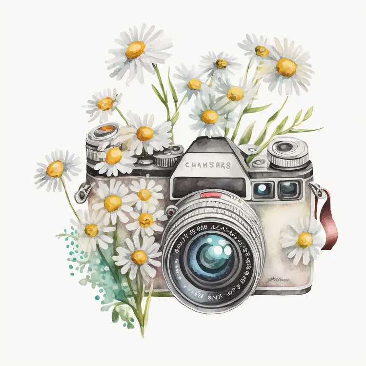 Vintage Camera with Daisies Illustration