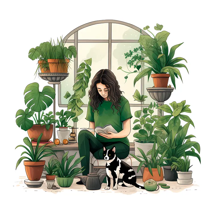 Woman Reading Among Green Plants