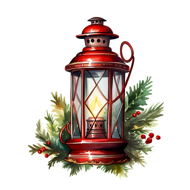 Red Lantern with Candle and Greenery