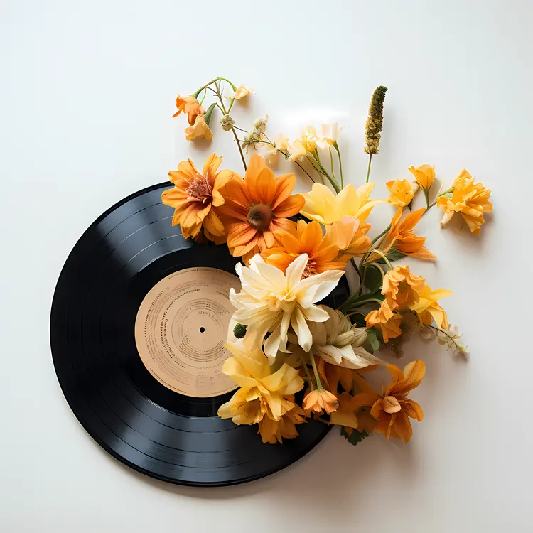 Vinyl Record with Yellow Flowers