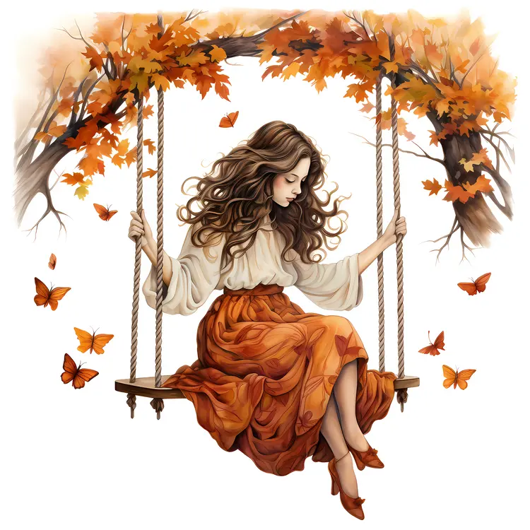 Girl on Swing with Autumn Leaves
