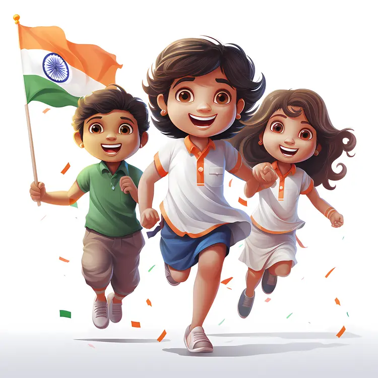 Group of Children Running with Indian Flag