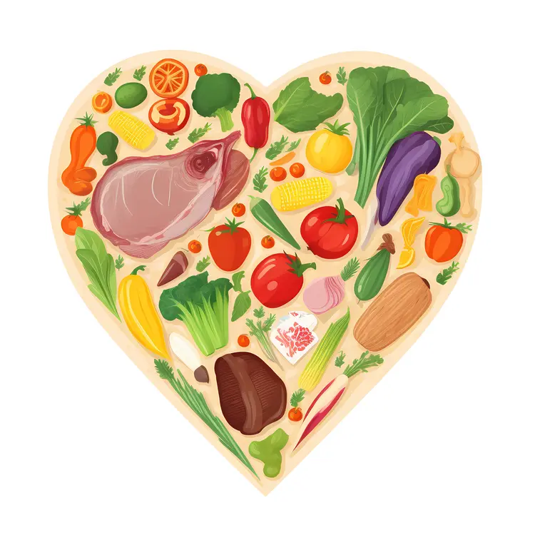 Heart-Shaped Food Arrangement with Vegetables and Meat