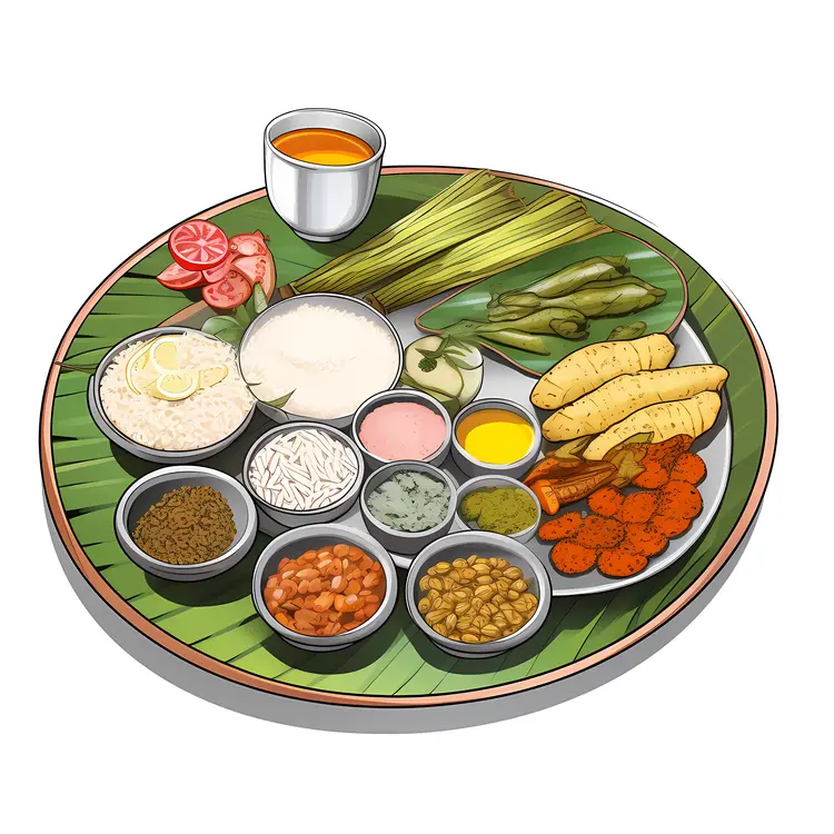 Traditional Indian Meal on Banana Leaf for Onam Festival